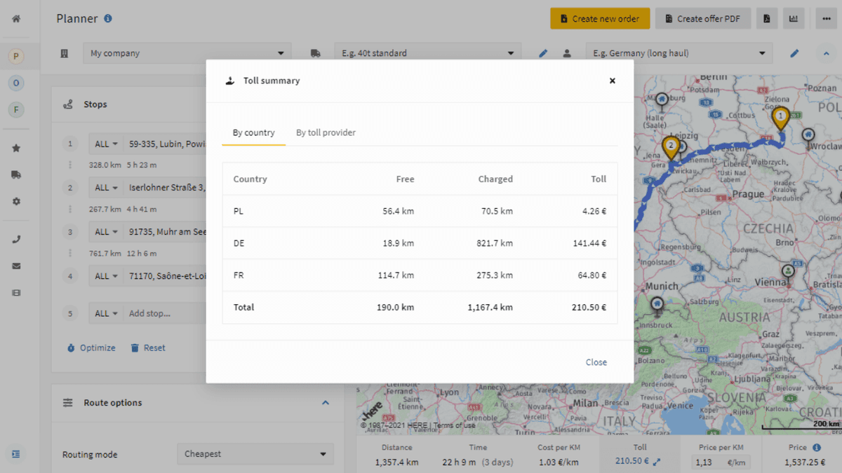 Online and easytouse HGV truck route planner for Europe