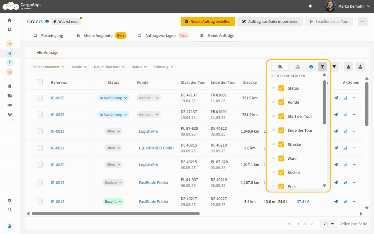 Auftragsverwaltungssoftware–Intelligente Filter–impargo-tms
